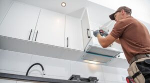 Man installing kitchen cabinets during a home renovation project in Charlotte